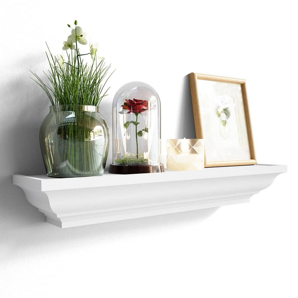 White Solid Wood Floating Wall Shelves Set of 4
