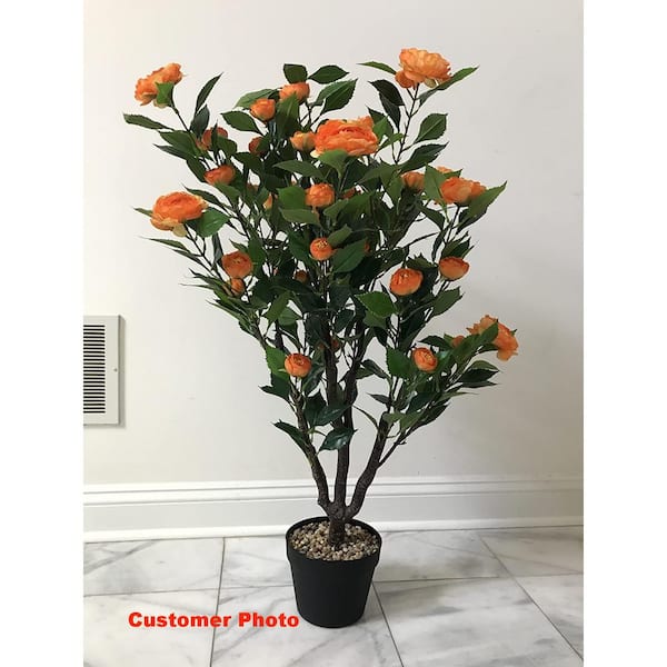 ANGELES HOME 40 in. Green and Yellow Indoor Outdoor Decorative Artificial Camellia Tree in Pot, Other Faux Fake Tree Plant