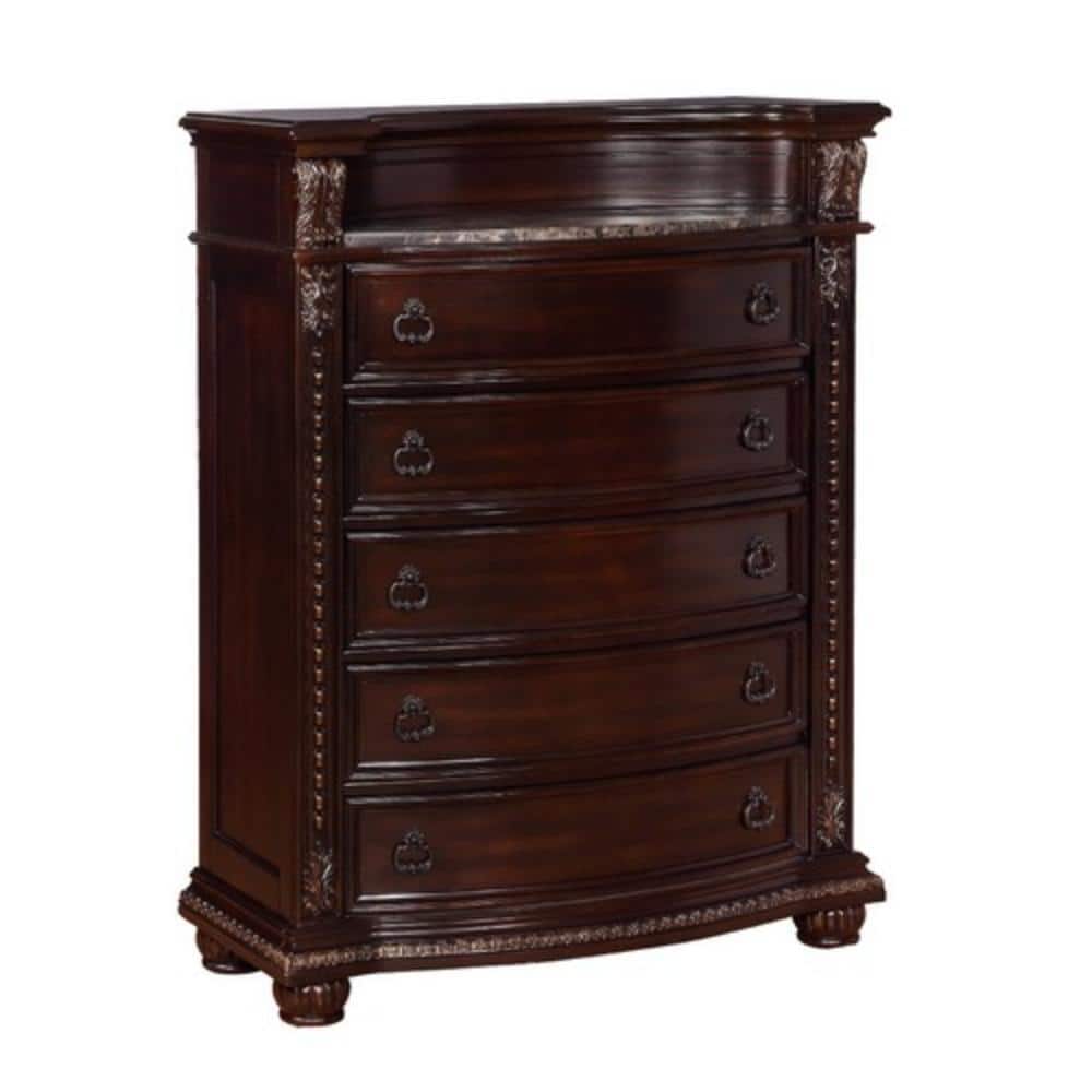 Cherry Brown 5-Drawer Solid Wood Chest with Marble Top