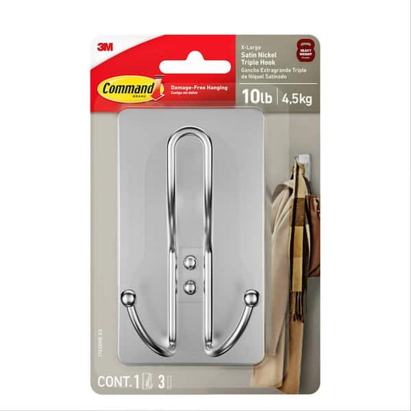 4.7 in. X-Large Triple 10 lb. Load Capacity Utility Hook, Satin Nickel (1 Hook, 3 Strip)