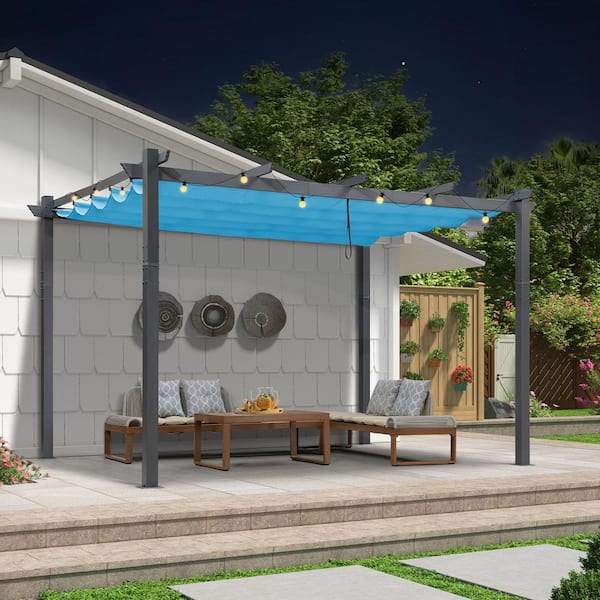 PURPLE LEAF 9.5 ft. x 13 ft. Gray Aluminum Frame Pergola Against The Wall with Blue Retractable Sun Shade Canopy and String Lights