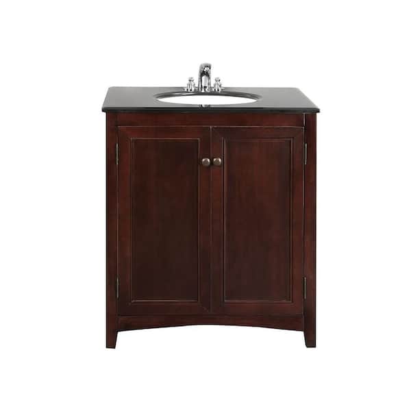 Simpli Home Yorkville 30 in. Vanity in Walnut Brown with Granite Vanity Top in Black and Undermounted Oval Sink