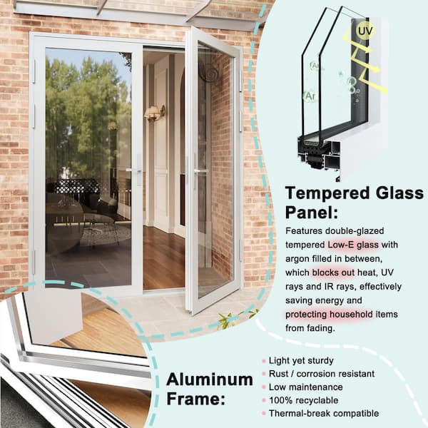 72 in. x 80 in. Double Slide White Aluminum Double Tempered Glass Center-Hinged Patio Door