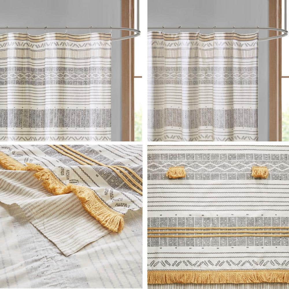 Gray and Yellow Cotton Striped Shower Curtain with Tassels