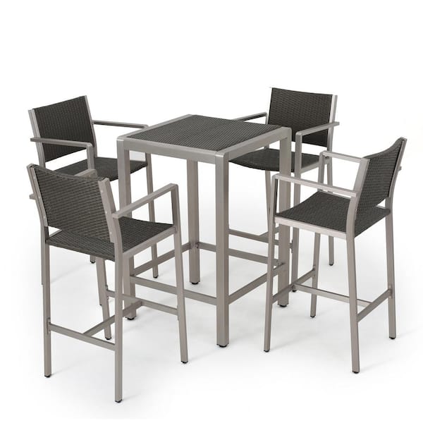 Noble House Gray 5-Piece Faux Rattan Square Outdoor Patio Bar Height Dining Set