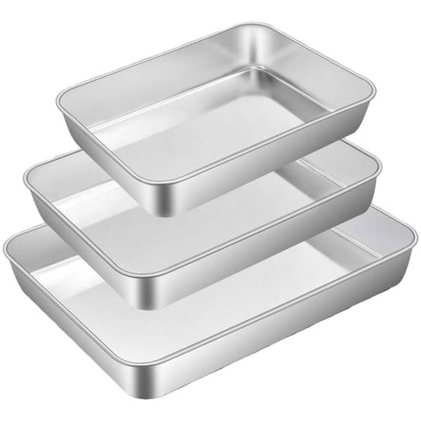3-Piece Silver Stainless Steel Baking Pans Set, Rectangle Bakeware Set for Cake Lasagna Brownie Casserole Cookie
