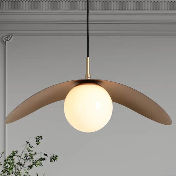 LNC Bromeia 1-Light Black and Gold Island Pendant Light with White Globe Glass Shade Geometric Hanging Light, Foyer Light