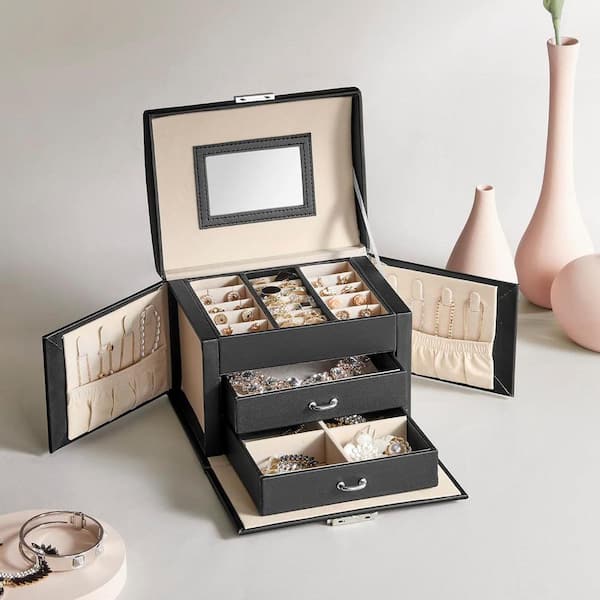 Black 7 in. x 5.3 in. Polyurethane Modern 3-Tier Jewelry Organizer with 2-Drawers