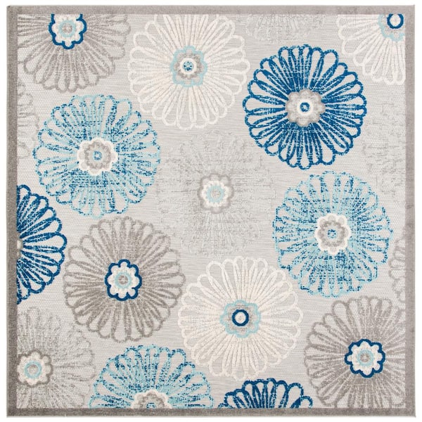 SAFAVIEH Cabana Gray/Blue 8 ft. x 8 ft. Border Floral Indoor/Outdoor Patio  Square Area Rug