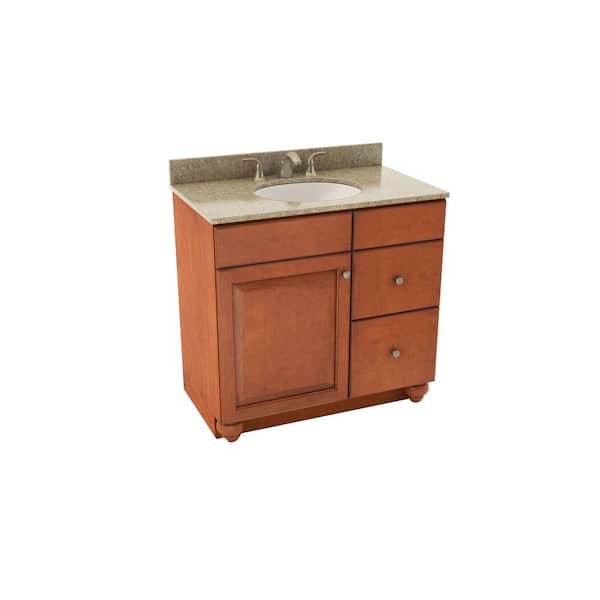 American Woodmark Charlottesville 37 in. Vanity in Cognac with Right Drawers and Silestone Quartz Vanity Top in Quasar and Oval White Sink