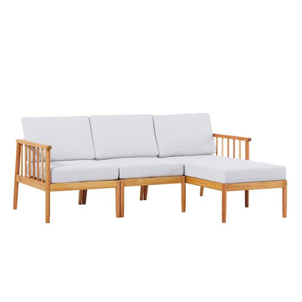 Natural 3-Piece Eucalyptus Wood Modern Spindle Outdoor Patio Sectional Seating Set with Light Pewter Cushions
