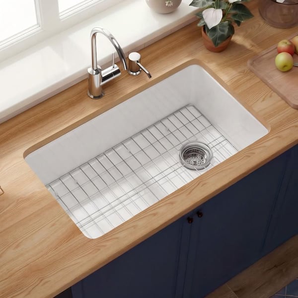 32 in. Rectangle Kitchen Sink Drop-In/Undermount White Fireclay Single Bowl Sink with Offset Drain and Accessories