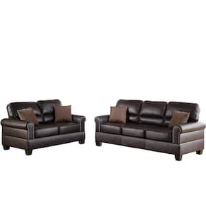 Dallas 78 in. Rolled Arm Faux Leather Straight Sofa Loveseat in Brown