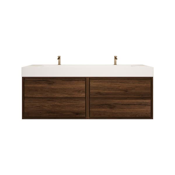 Saggie 59 in. W. x 20 in. D x 28 in. H Double Sink Floating Bath Double Vanity in Rosewood with White Acrylic Top