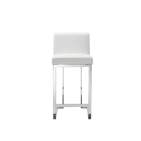 Benjara 26 in. White and Chrome Low Back Metal Frame Bar Stool with Faux Leather Seat