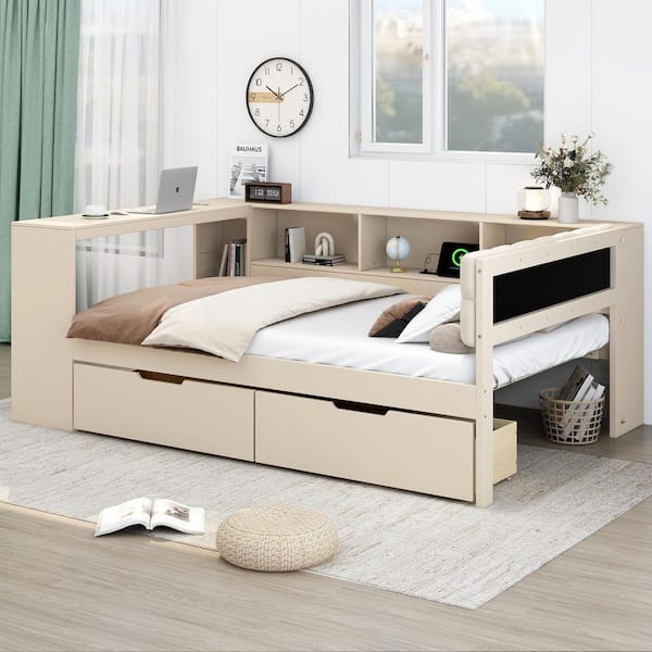 Harper & Bright Designs Cream Wood Frame Full Platform Bed with 2 Drawers, Desk, Linen Upholstered Headboard, USB, Storage Shelves