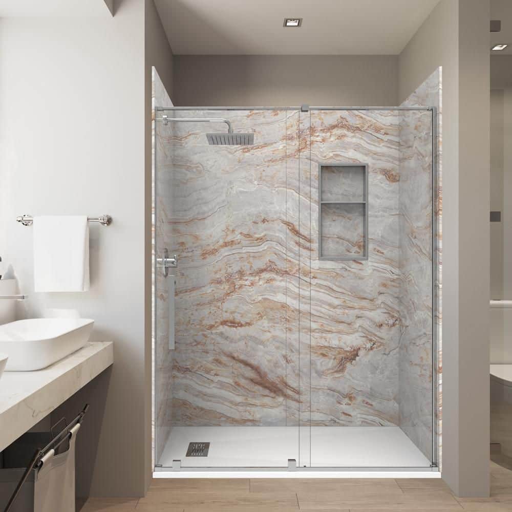 Nacarado Brown 32in. x 60in. x 84in. Combo Solid Composite Stone Alcove Shower Kit Matching Chrome Door, Niche & Drain price history on PriceWatchPro