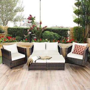 5-Piece Wicker Patio Conversation Set with White Cushions
