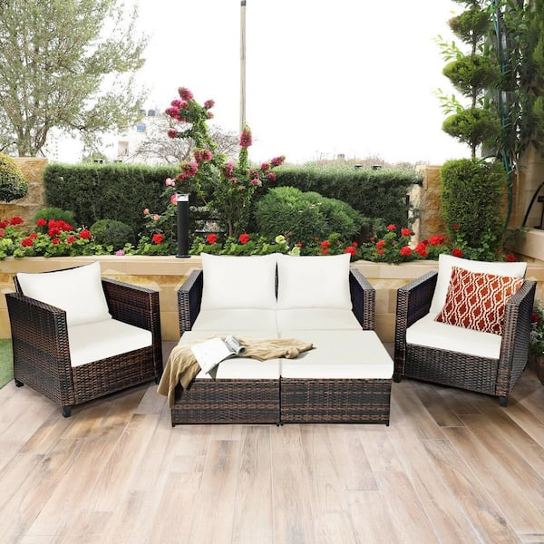 5-Piece Wicker Patio Conversation Set with White Cushions