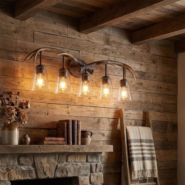 Wyatt 37.75 in. 5-Light Southwestern Bohemian Resin/Seeded Glass Faux Antler LED Brown Wood Finish Vanity Light