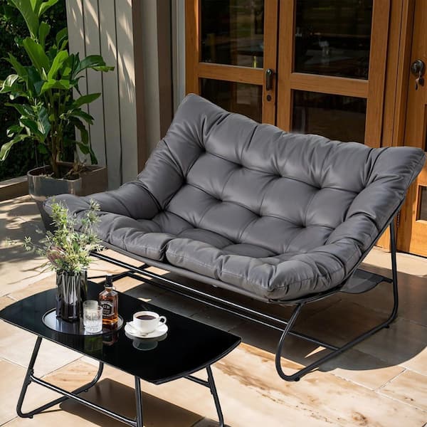 NOBLEMOOD 2 Pieces Metal Patio Loveseat with Coffee Table, Outdoor Indoor Loveseat Chair with Cushion