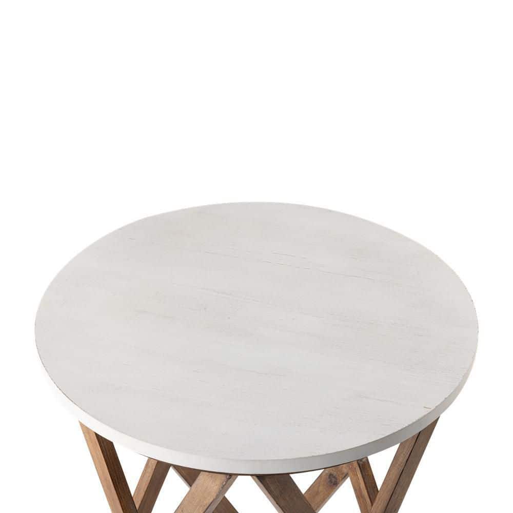 Round Distressed White and Natural Wood Pedestal End Table