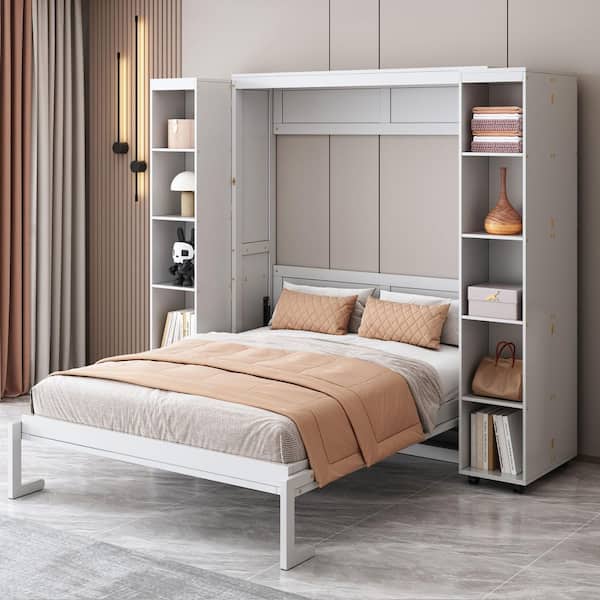 White Wood Frame Queen Murphy Bed Wall Bed with Push-Pull Foldable Storage Cabinets