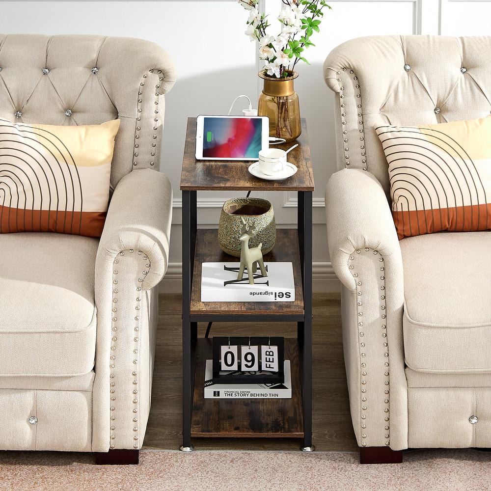 3-Tier Gray Side Table Stable Open Shelves with Metal Frames, End table with Plug Sockets and USB Ports - thumbnail 4
