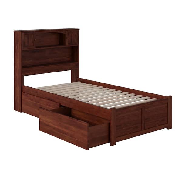 AFI Newport Walnut Twin Solid Wood Storage Platform Bed with Flat Panel Foot Board and 2 Bed Drawers