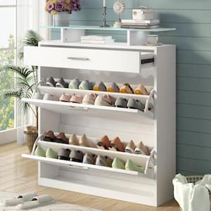 35 in. Slim Hallway Entryway Organizer Storage Cabinet Shoe Rack with LED Light, Flip Drawers, Glass Top, White