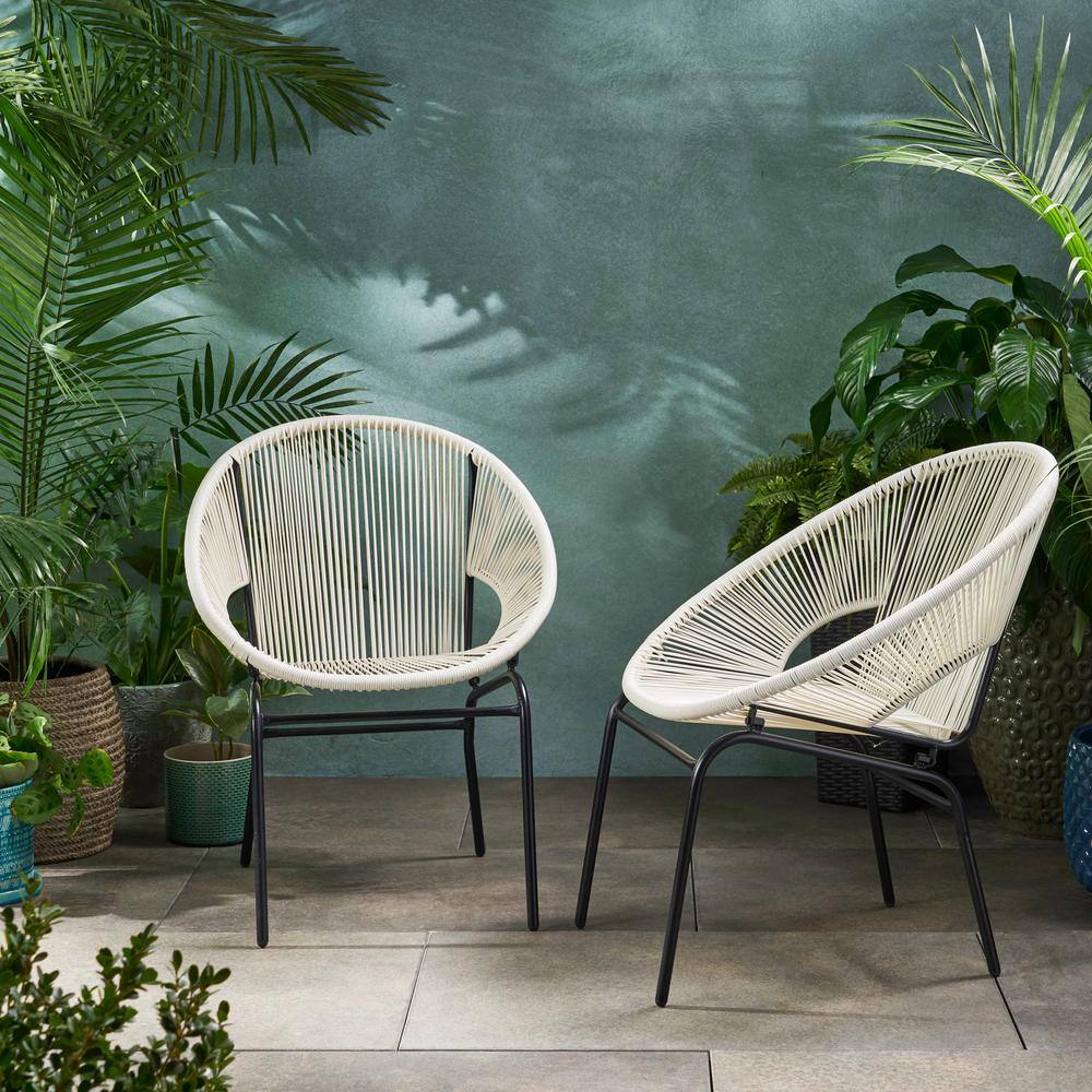 2-Piece Black Metal Frame Outdoor Wicker Lawn Chairs with White Woven Rope price history on PriceWatchPro