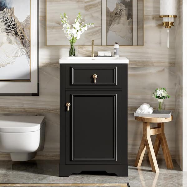 20 in. W x 18 in. D x 34 in. H Single Sink Freestanding Black Bath Vanity with White Ceramic Top and Adjustable Shelf
