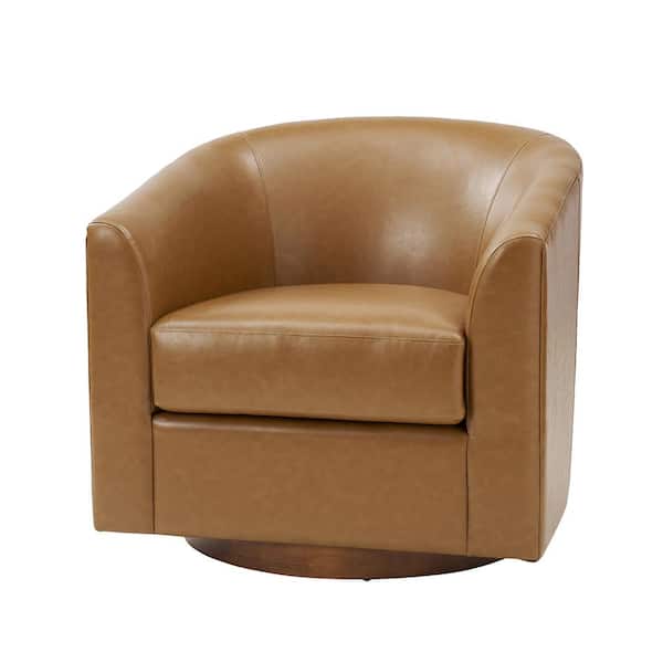 JAYDEN CREATION Meroy 30.5 in. Wide Camel Modern Swivel Barrel Faux Leather Chair with Solid Wood Base
