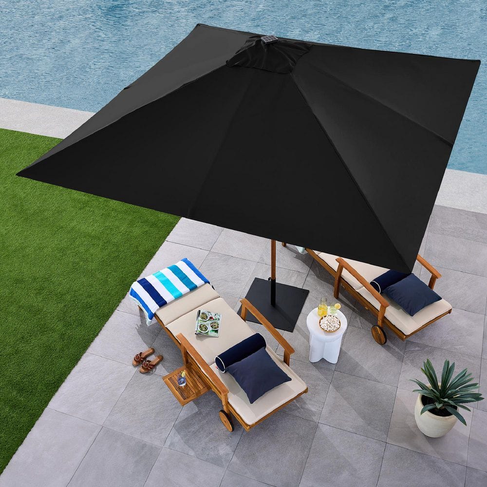 9ft Black Solar LED Lighted Market Patio Umbrella with Faux Wood Texture