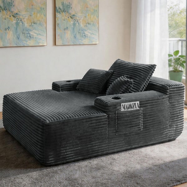 Gray Plush Fur Chaise Lounge with Cup Holder, Sofa Bed, Oversized Chair with 2 Pillows, No Assembly Required