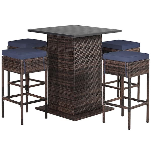 Gymax 5-Piece Patio Bar Set Rattan Bar Furniture Set with Table & 4 Cushioned Stools Navy