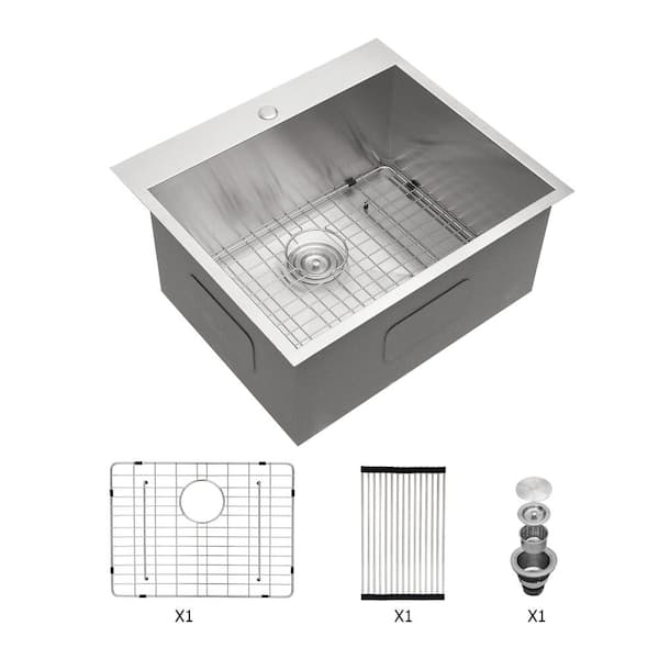 25 in. Drop-In Single Bowl 16 Gauge Brushed Nickel Stainless Steel Kitchen Sink with Bottom Grids