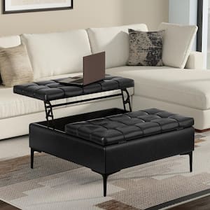 Laura 36 in. Wide Transitional Square Mid Century Lift Top Storage Ottoman in Midnight Black Vegan Faux Leather