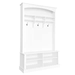 White 3-in-1 Multi-Functional Hall Tree with 3-Hanging Hooks, Adjustable Shelves, and Storage Bench