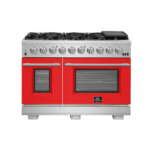 Capriasca 48 in. 8-Burner Double Oven Gas Range in Stainless Steel with Red Door
