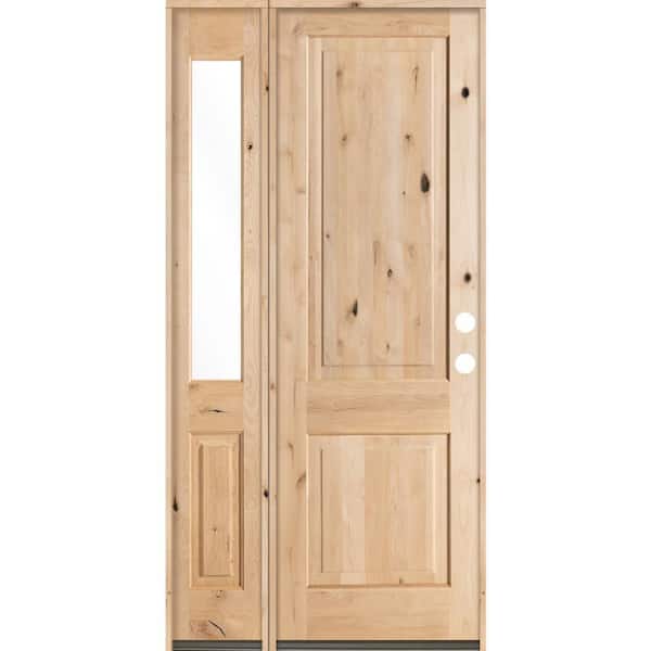 Krosswood Doors 44 in. x 96 in. Rustic Unfinished Knotty Alder Square-Top Left-Hand Left Half Sidelite Clear Glass Prehung Front Door