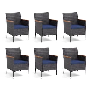Black Ergonomic Rattan Metal Wooden Armrest Patio Outdoor Dining Chair with Blue Cushion (6-Pack)