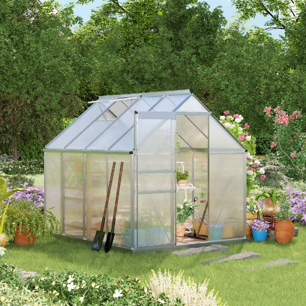 Silver Polycarbonate Walk-In Garden Greenhouse with Aluminum Frame