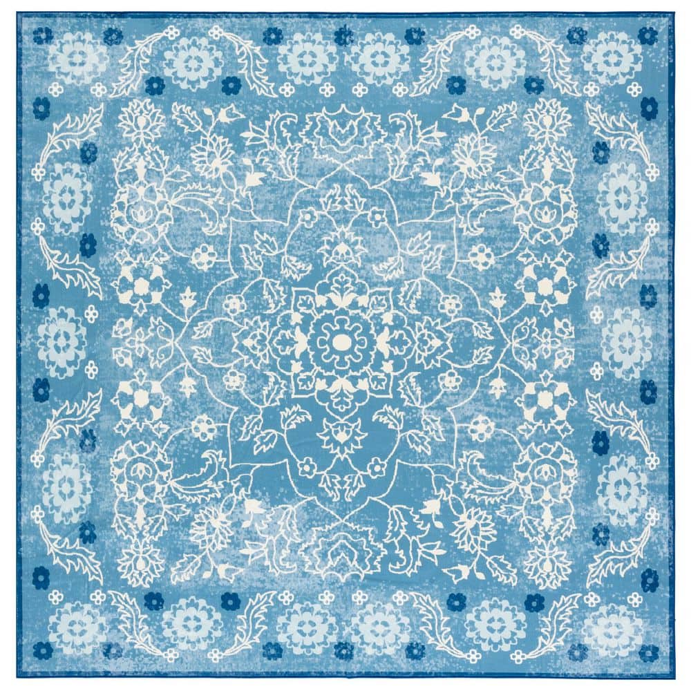 Martha Stewart Washable Blue/Beige 6 ft. x 6 ft. Machine Washable Geometric Border Floral Square Area Rug price history on PriceWatchPro
