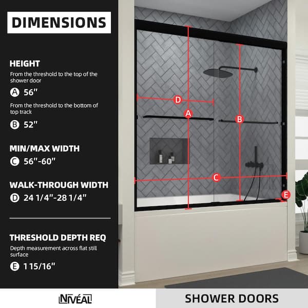 Ruhr 60 in. W x 56 in. H Sliding Semi Frameless Tub Door in Matte Black Finish with Clear Glass
