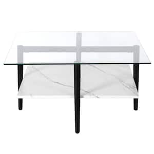 Otto 32 in. Blackened Bronze Glass Square Coffee Table with Faux Marble Shelf