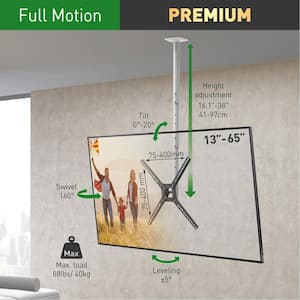 Barkan 29" to 65" Full Motion - 3 Movement Flat / Curved TV Ceiling Mount, White & Black, Telescopic Adjustment