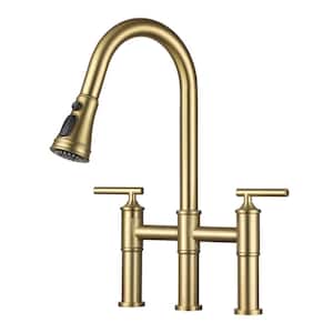 Double Handle Bridge Kitchen Faucet with Three Function Pull-Down Sprayhead in Brushed Gold