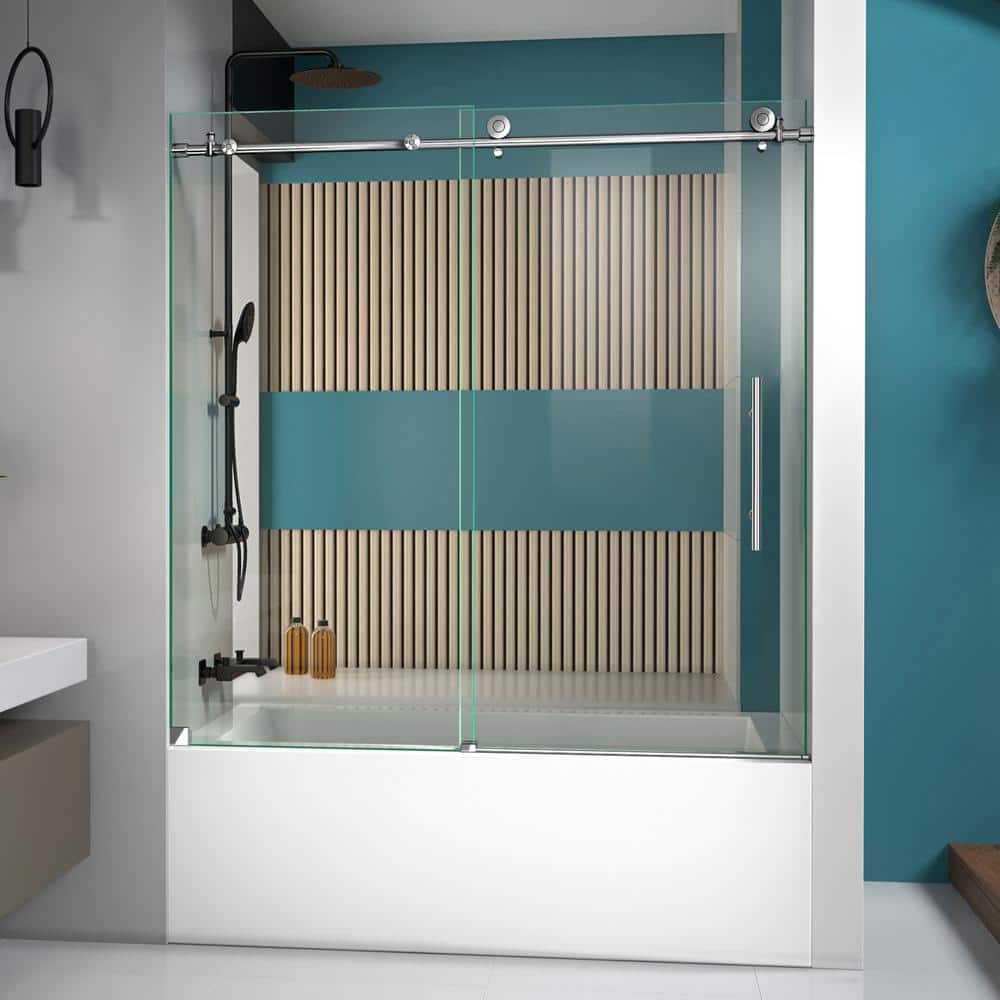 Enigma-X 59" Polished Stainless Steel Frameless Sliding Tub Door
