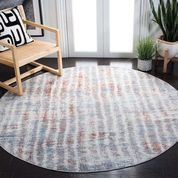 6'7 x 6'7 Round Grey Rust Safavieh Amelia Collection ALA456F Abstract Stripe Distressed Non-Shedding Stain Resistant Living Room Bedroom Area Rug 